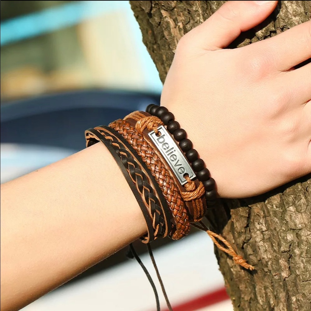 Leather beads braided wrap cuff link bracelet